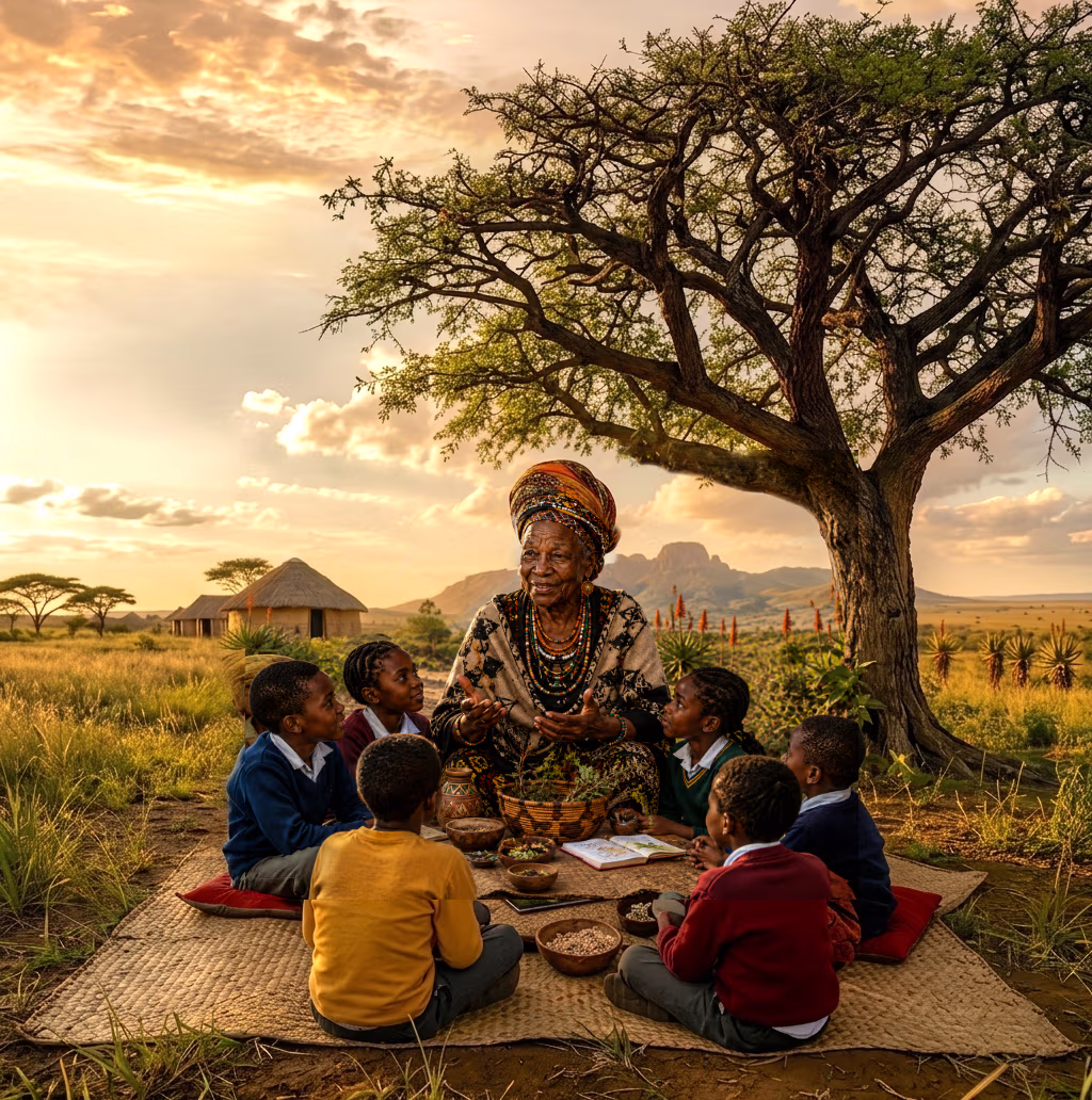 Elderly African storyteller teaching children about plants under a tree at golden hour, with a subtle tablet beside traditional learning tools.