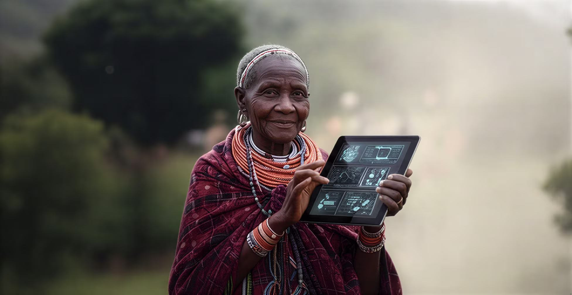 Elder African woman holding a digital tablet, bridging ancient wisdom and modern technology